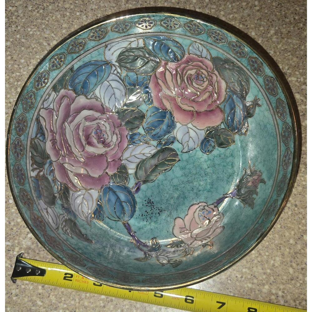 Toyo Vtg Chinese Rose Bowl Enameled Gold Decorative Green Painted